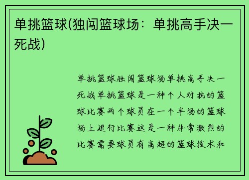 单挑篮球(独闯篮球场：单挑高手决一死战)